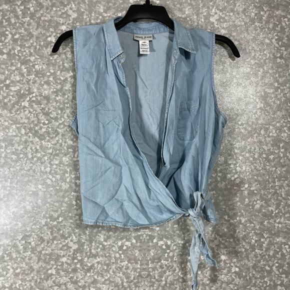 Jones Jeans Women's Blue Chambray Sleeveless Wrap Top - Size 14P - Western Boho - Picture 1 of 6